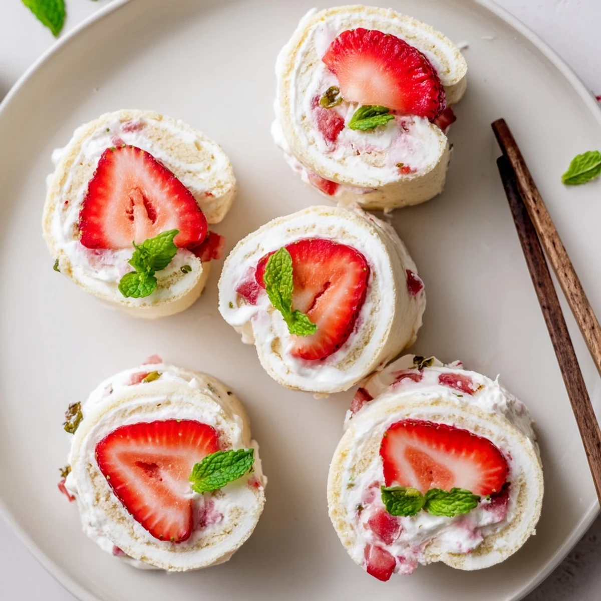 Playful dessert sushi with rolled vanilla cake filled with sweet whipped cream and fresh diced strawberries