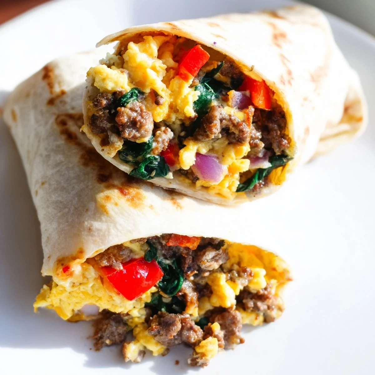 Golden make-ahead breakfast burritos wrapped in foil with fluffy scrambled eggs and melted cheddar cheese