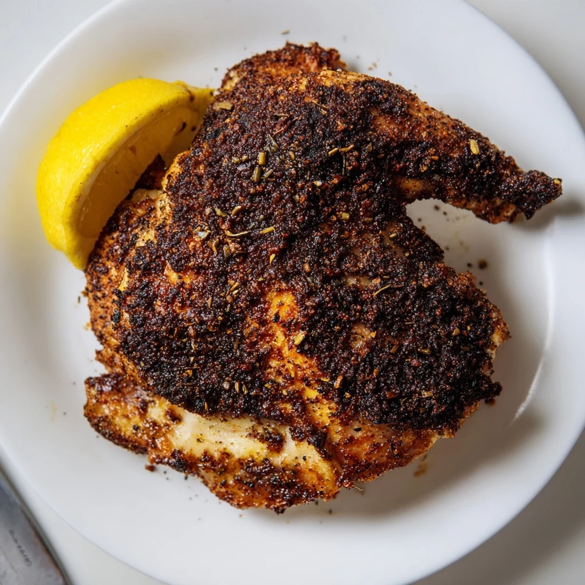 Juicy blackened chicken sliced to reveal tender meat alongside fresh lemon wedges