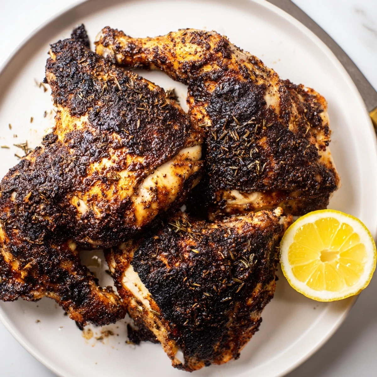 Golden seared blackened chicken breasts with a dark spicy crust on a white plate