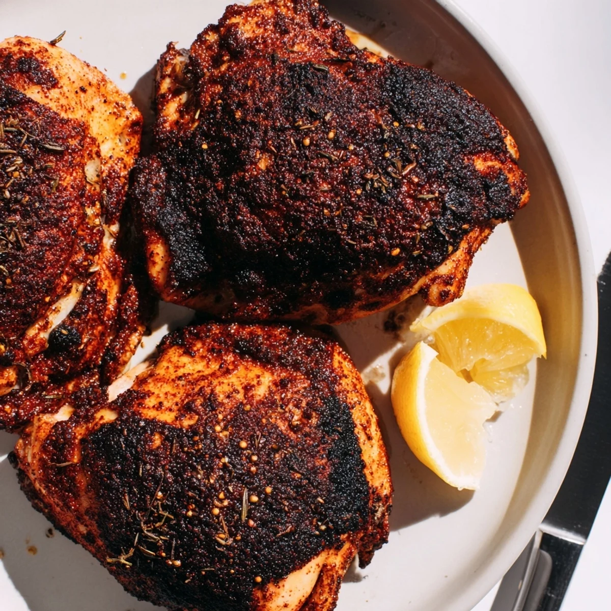 Crispy blackened chicken with smoky Cajun spices served on a rustic wooden cutting board