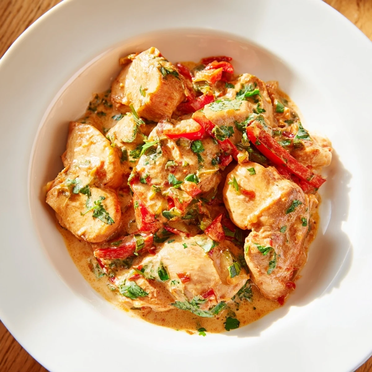 Creamy coconut chicken simmered with vibrant red and green peppers in a fragrant tomato-based sauce