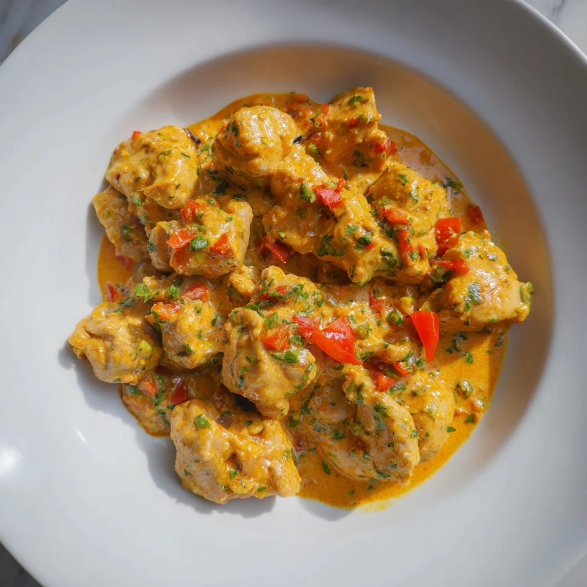 Golden chicken pieces swimming in rich spicy Brazilian coconut sauce with colorful diced peppers