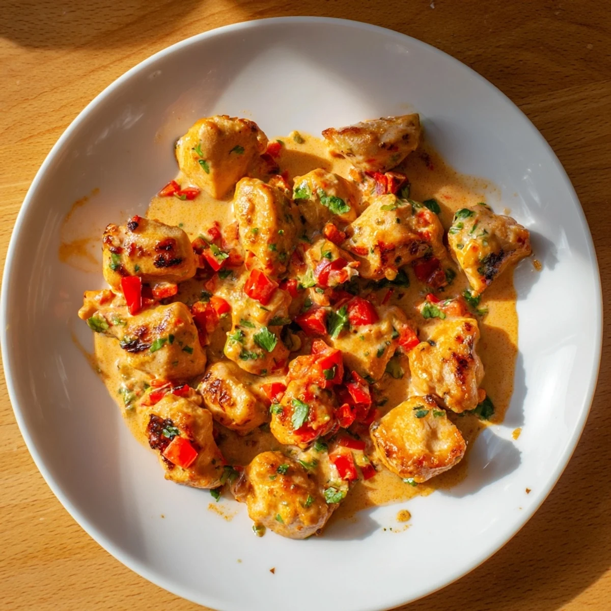 Garnished spicy Brazilian coconut chicken dish served hot with fresh cilantro and lime wedges on top