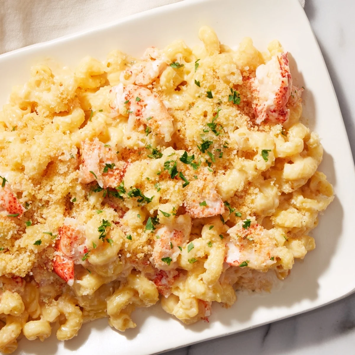 Baked pasta dish featuring succulent lobster chunks in rich three-cheese garlic butter sauce