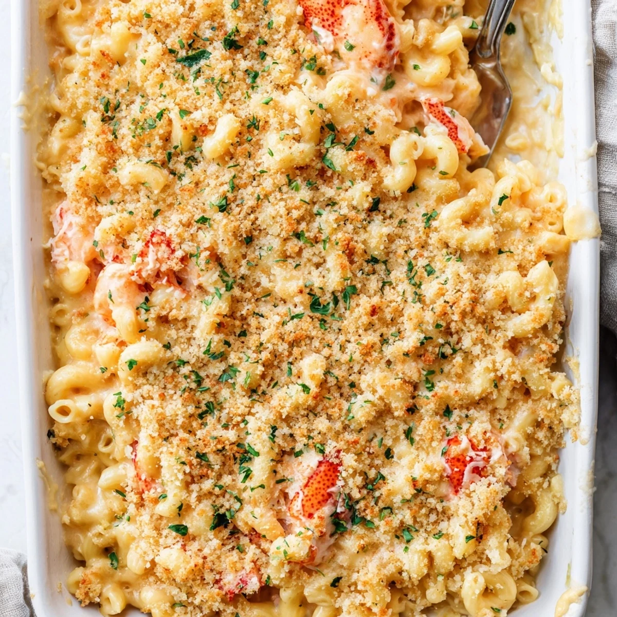 Creamy garlic butter lobster mac and cheese with golden breadcrumb topping fresh from oven