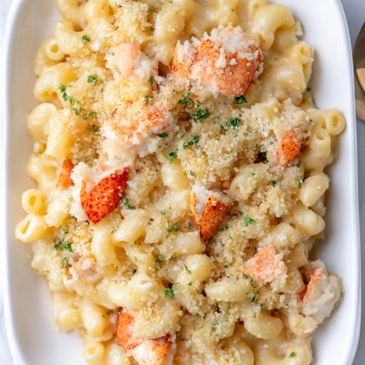 Golden crusted lobster mac and cheese casserole with tender shellfish and melted cheese