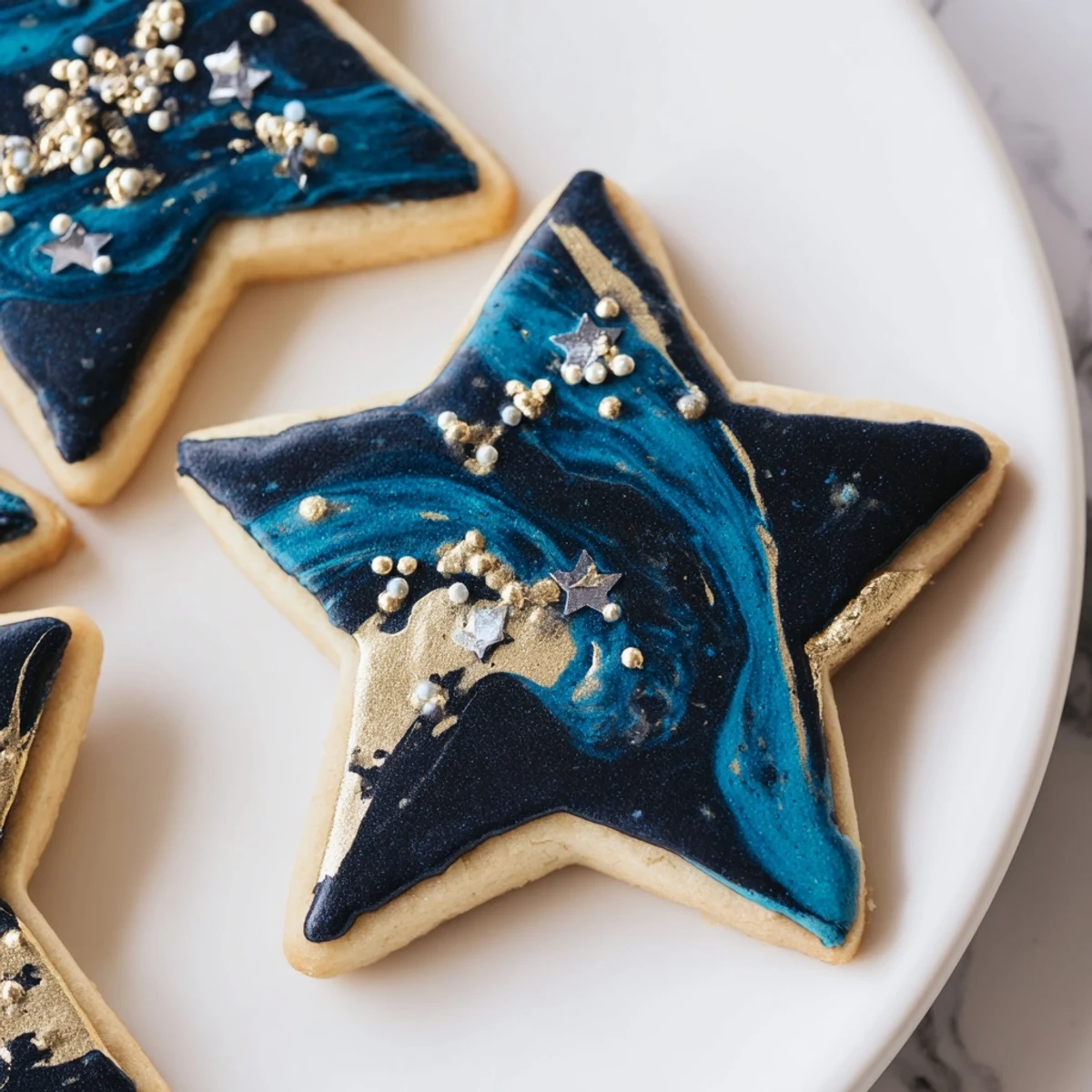 Decorated Starry Night Sugar Cookies featuring marbled dark blue frosting and shimmering star sprinkles for parties