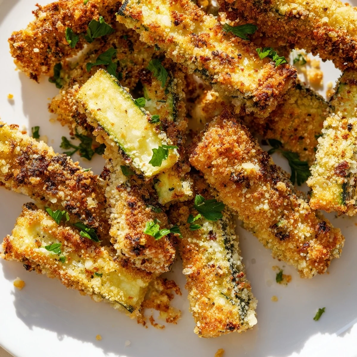 Close-up of crunchy low-carb zucchini fries with almond flour Parmesan coating fresh from the oven