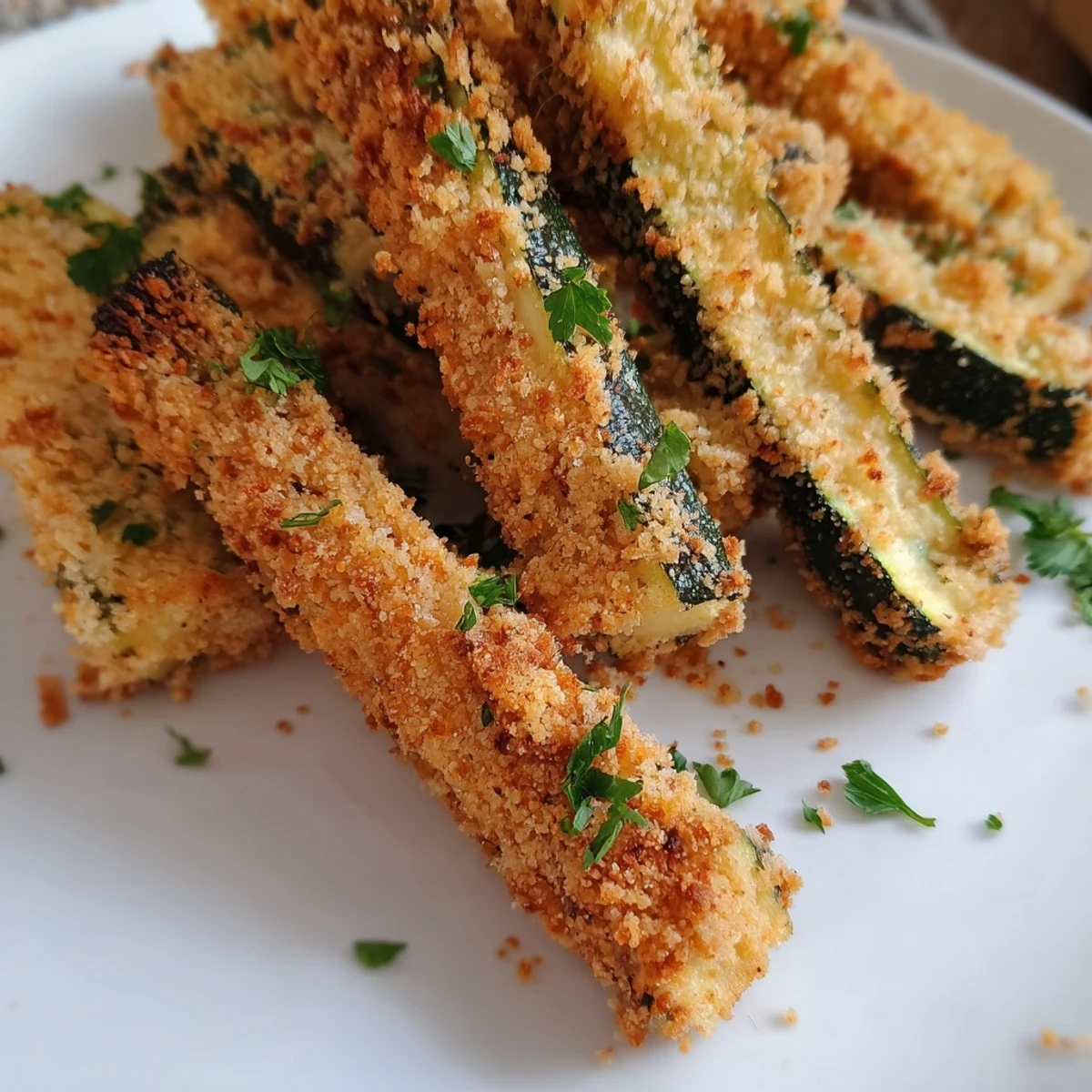 Golden brown crispy baked keto zucchini fries arranged on a white serving platter with fresh parsley garnish