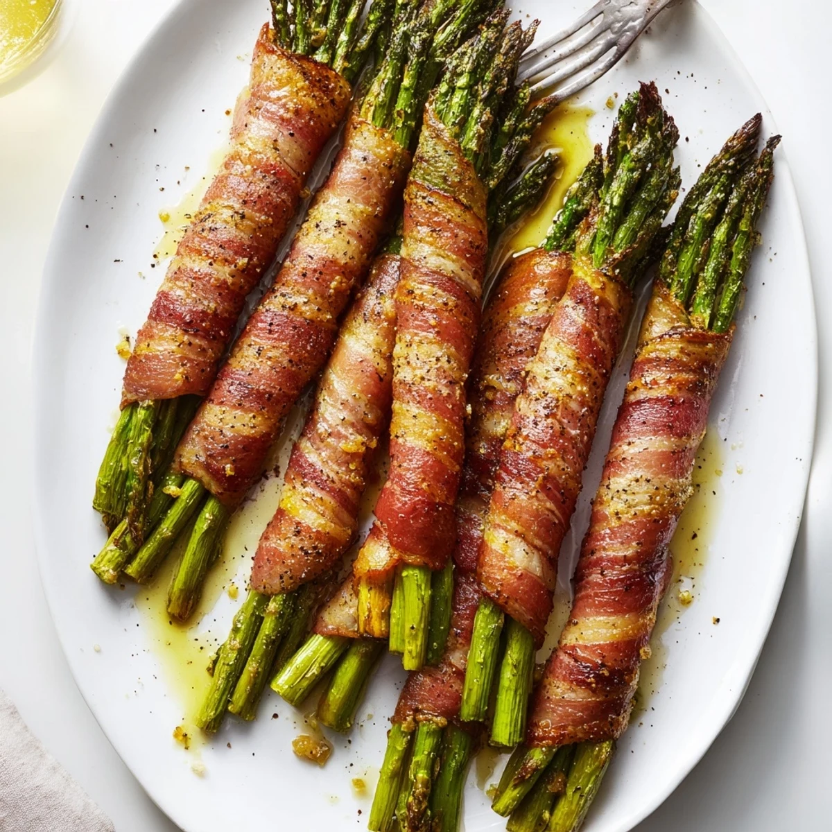 Crispy bacon wrapped tender asparagus spears roasted with garlic for a savory appetizer