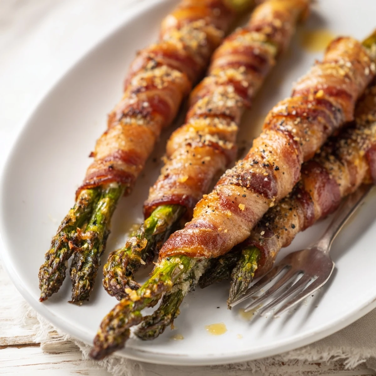 Golden brown garlic bacon wrapped asparagus bundles arranged on a white serving platter