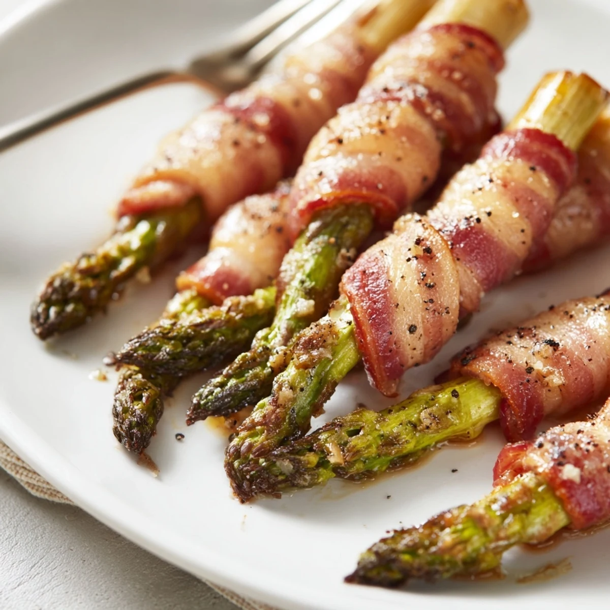 Oven roasted asparagus bundles spiraled in crispy bacon with minced garlic and black pepper