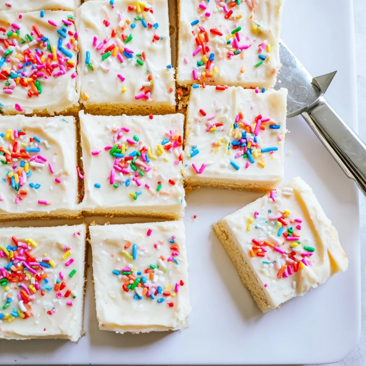 Soft baked sugar cookie bars topped with fluffy white frosting and colorful rainbow sprinkles