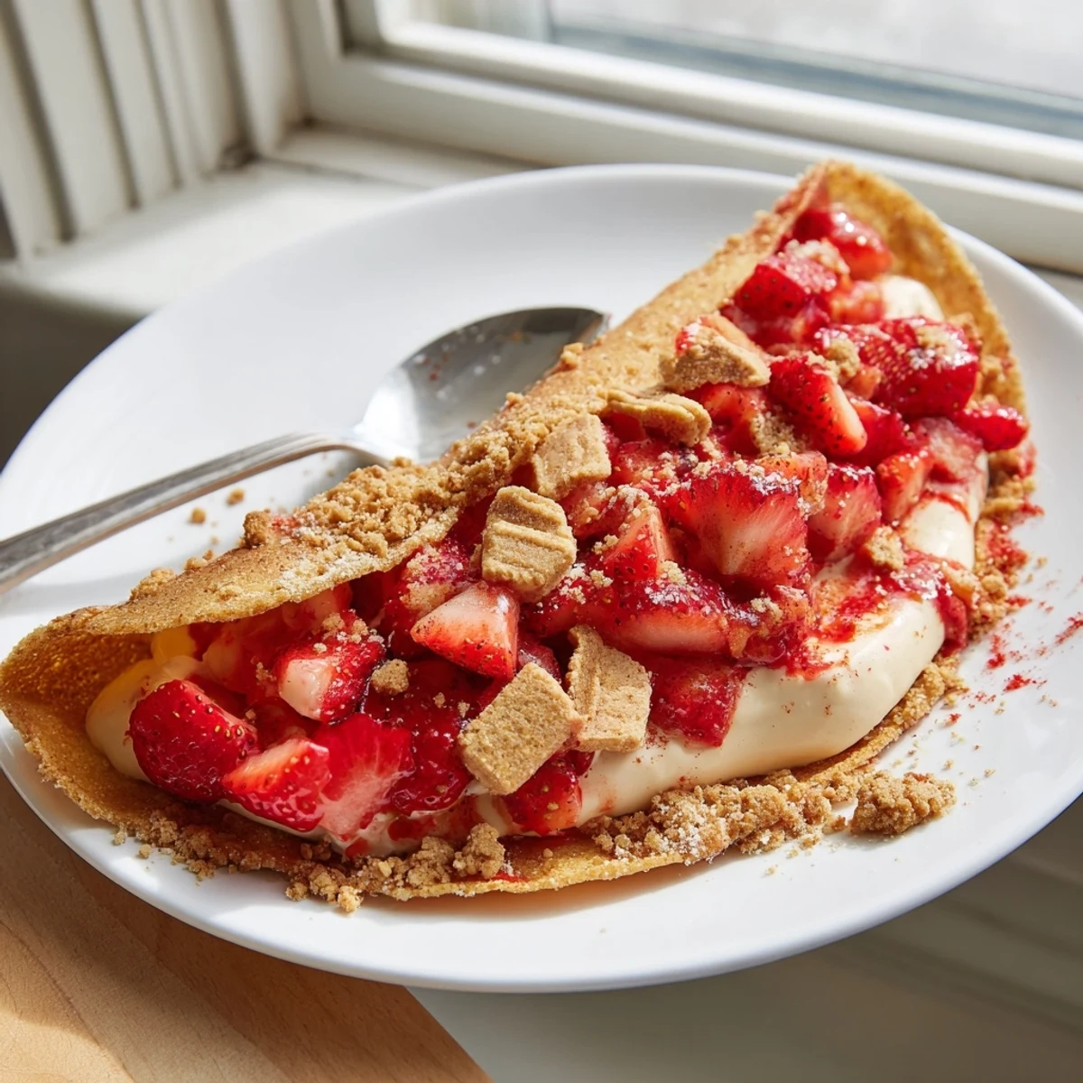Creamy vanilla cheesecake filling piped into crunchy taco shells topped with macerated red strawberries