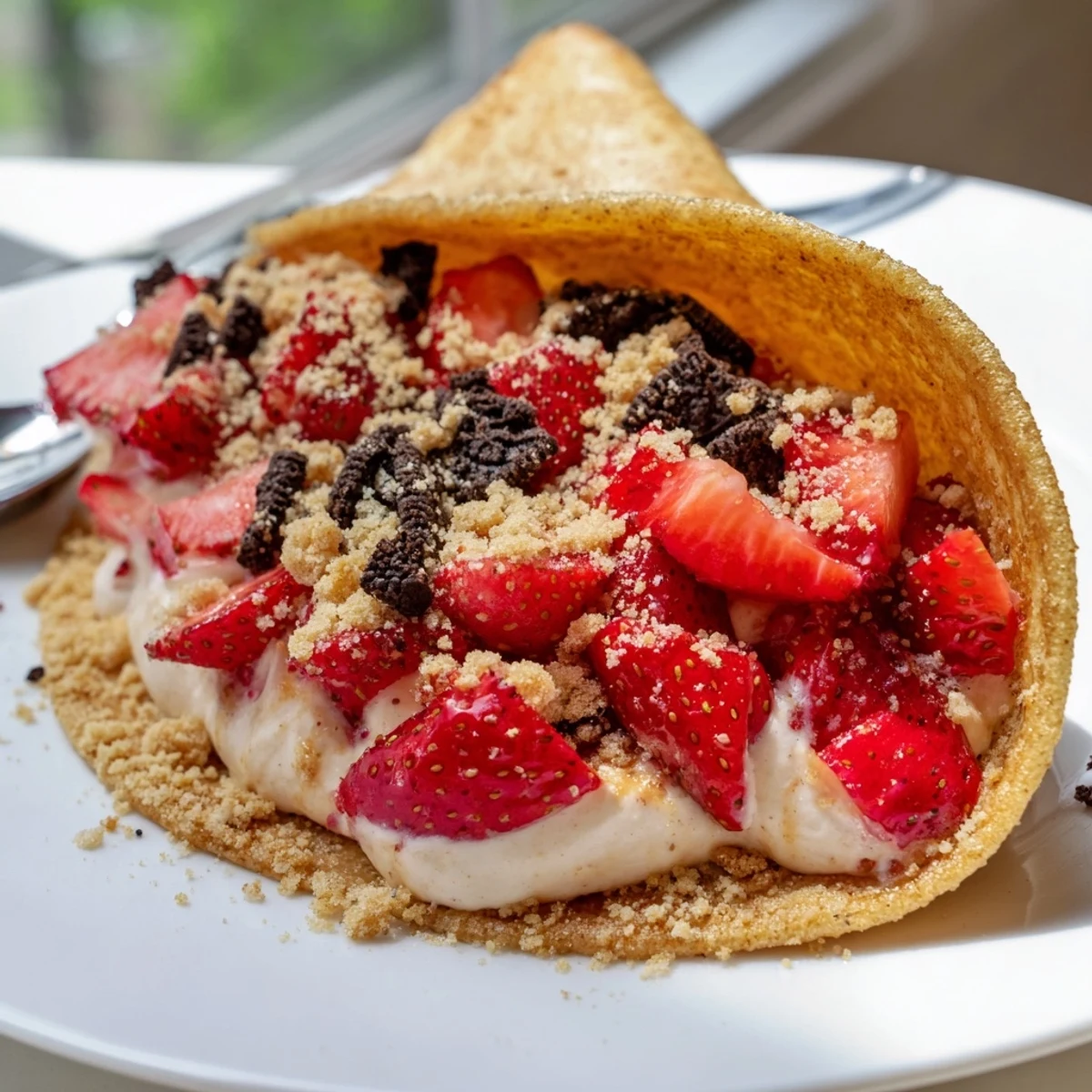 Golden crispy cinnamon sugar taco shell stuffed with creamy cheesecake and fresh strawberry topping