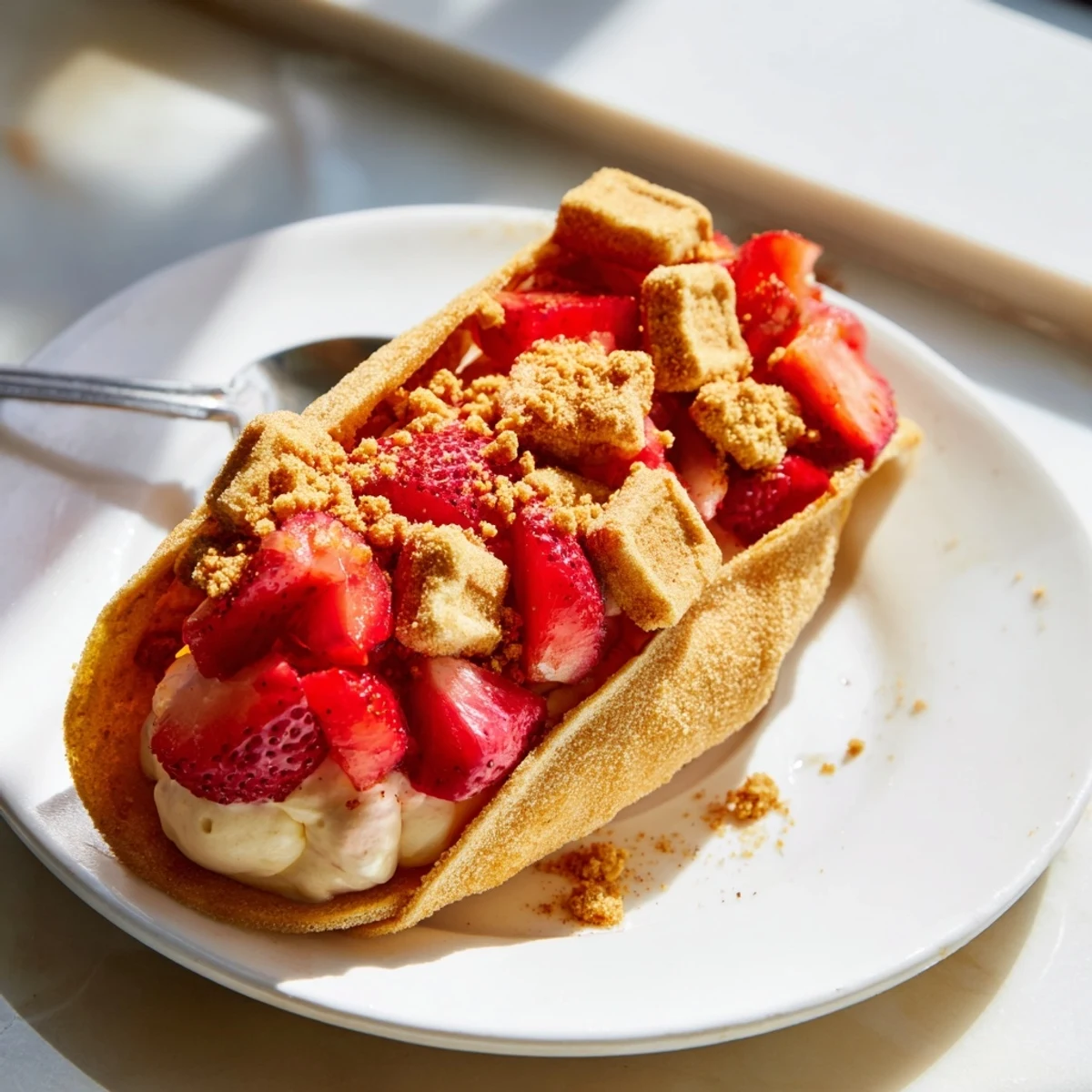 Playful strawberry crunch cheesecake taco dessert garnished with crushed cookies and sweet fruit