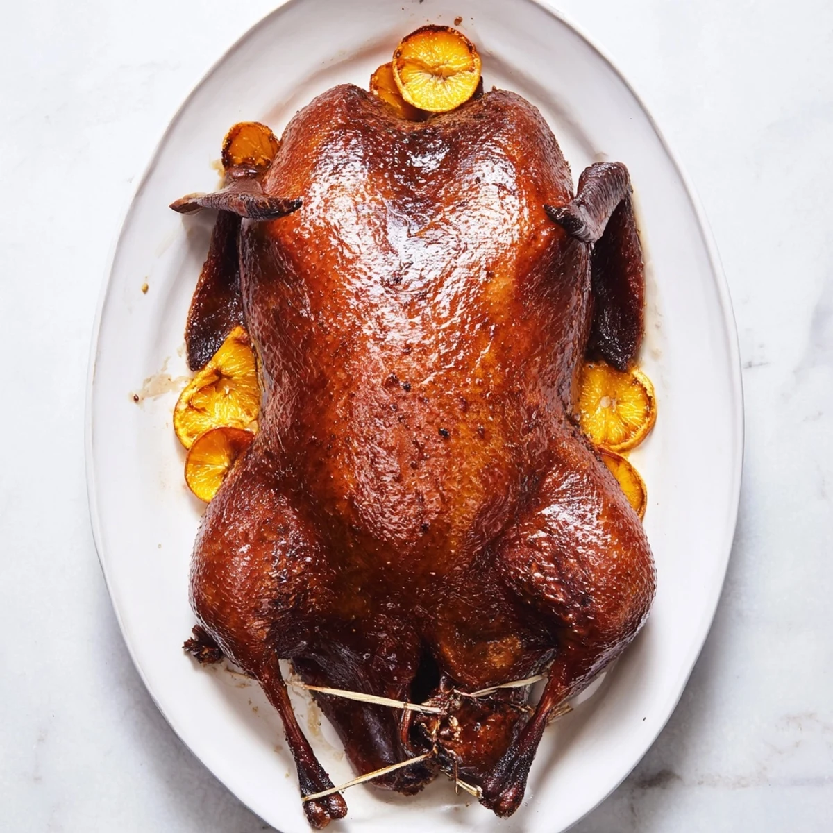 Crispy skinned five spice roasted duck carved into slices revealing tender juicy meat
