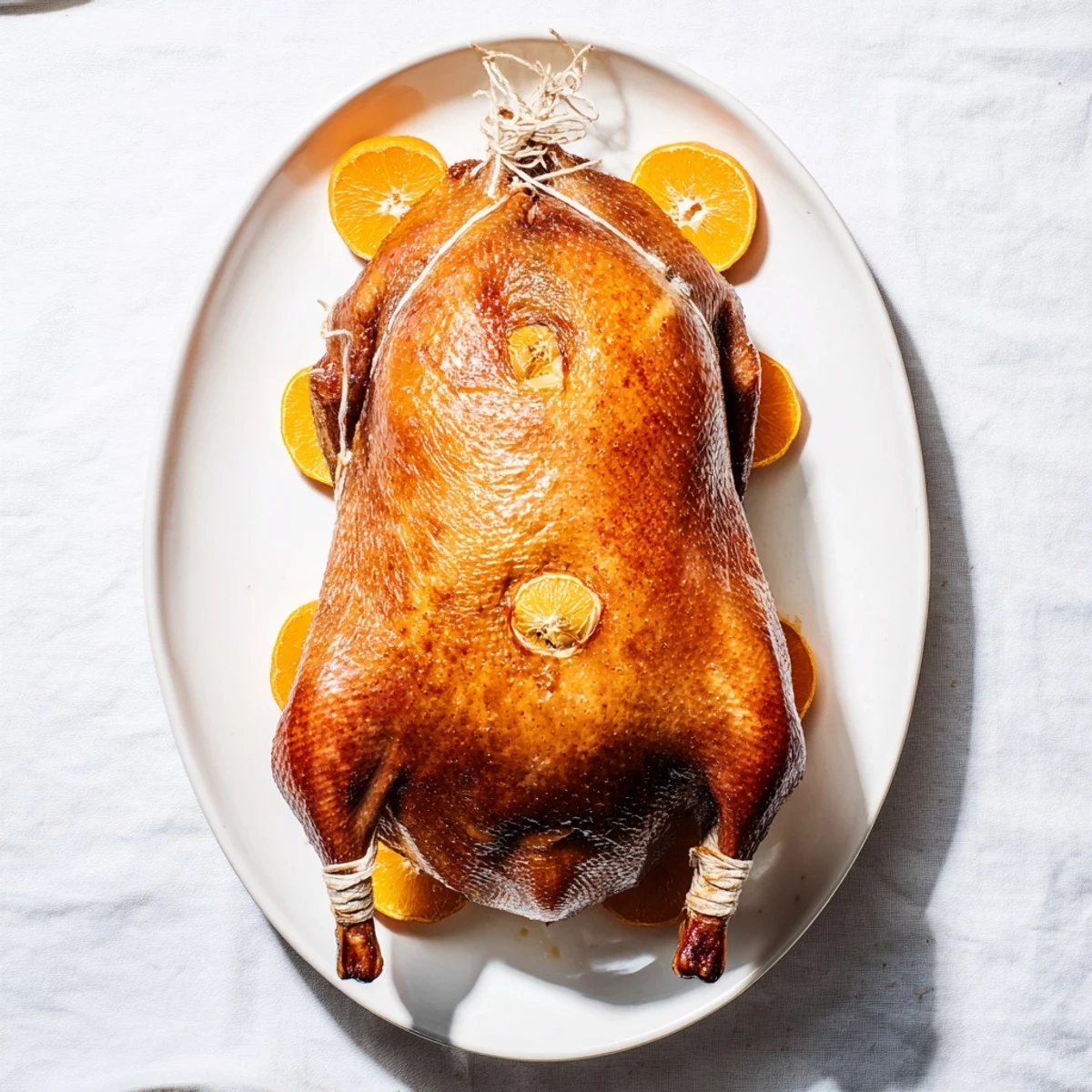 Whole roasted five spice duck served on platter with steamed rice and greens