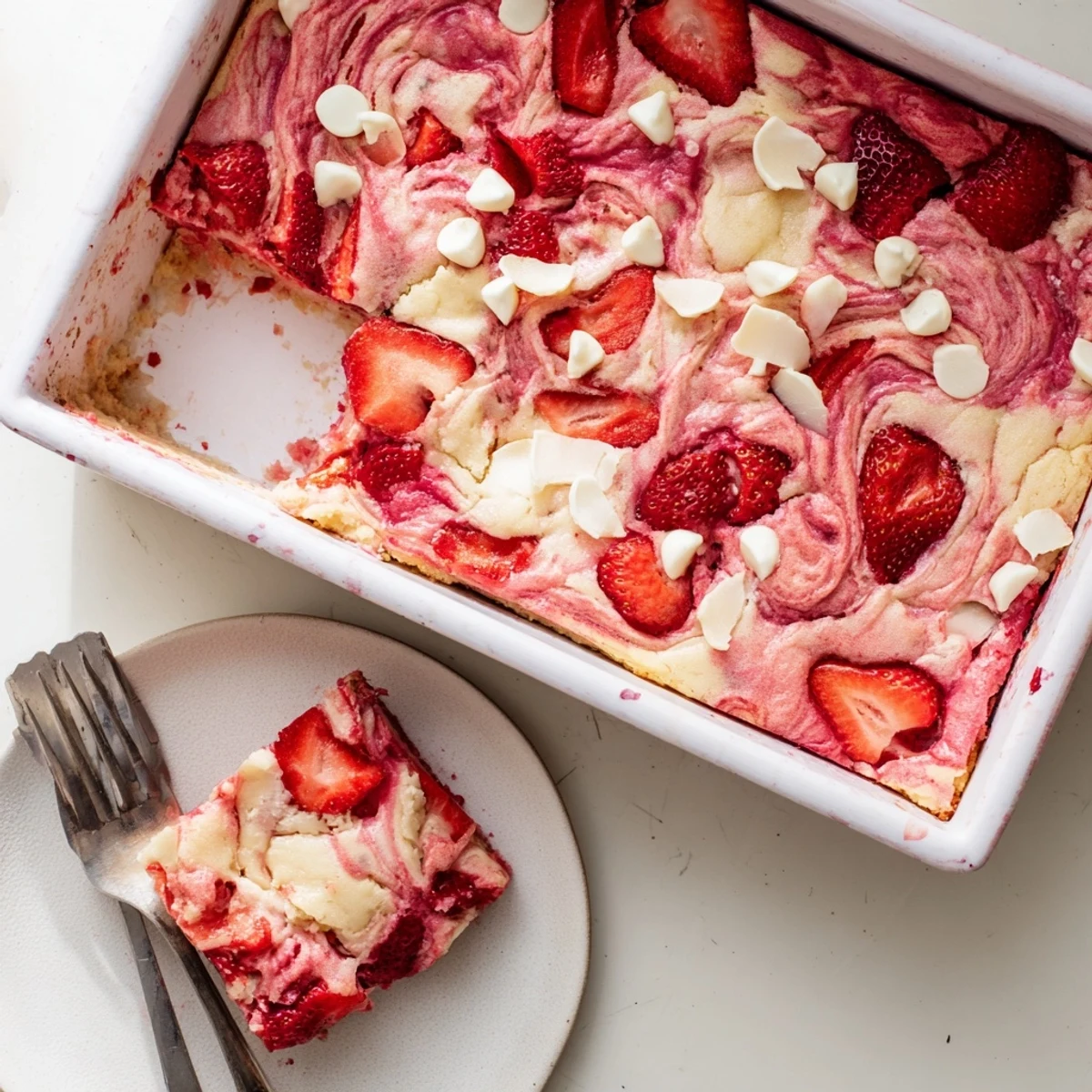 Gooey strawberry earthquake cake with cream cheese swirls and fresh berry slices