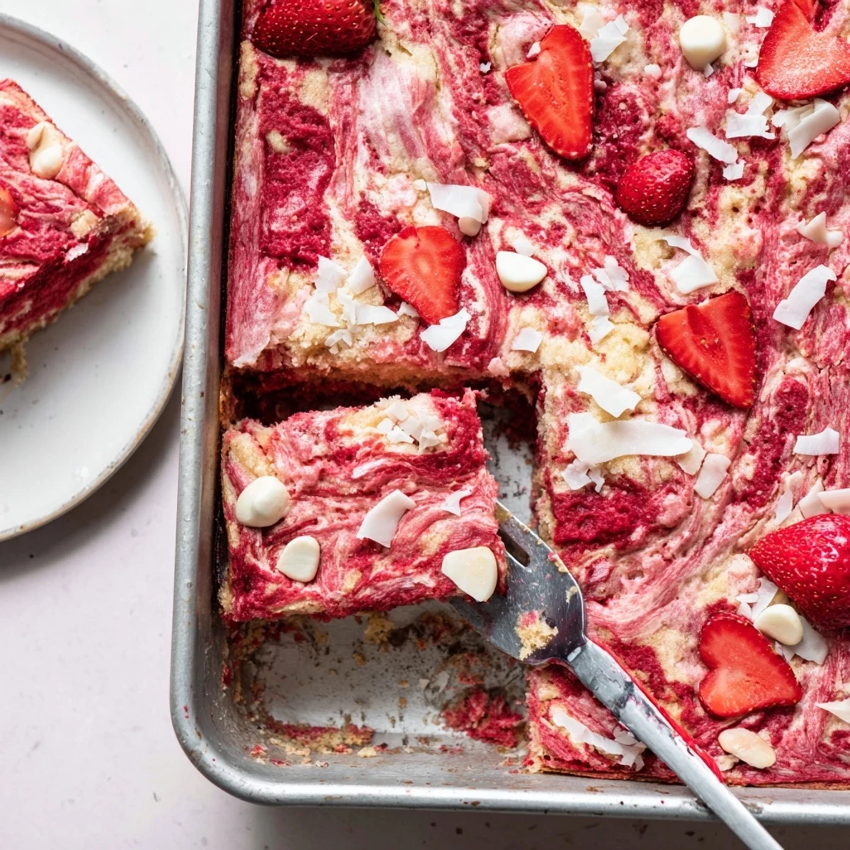 Warm slice of strawberry earthquake cake with oozing cream cheese and shredded coconut