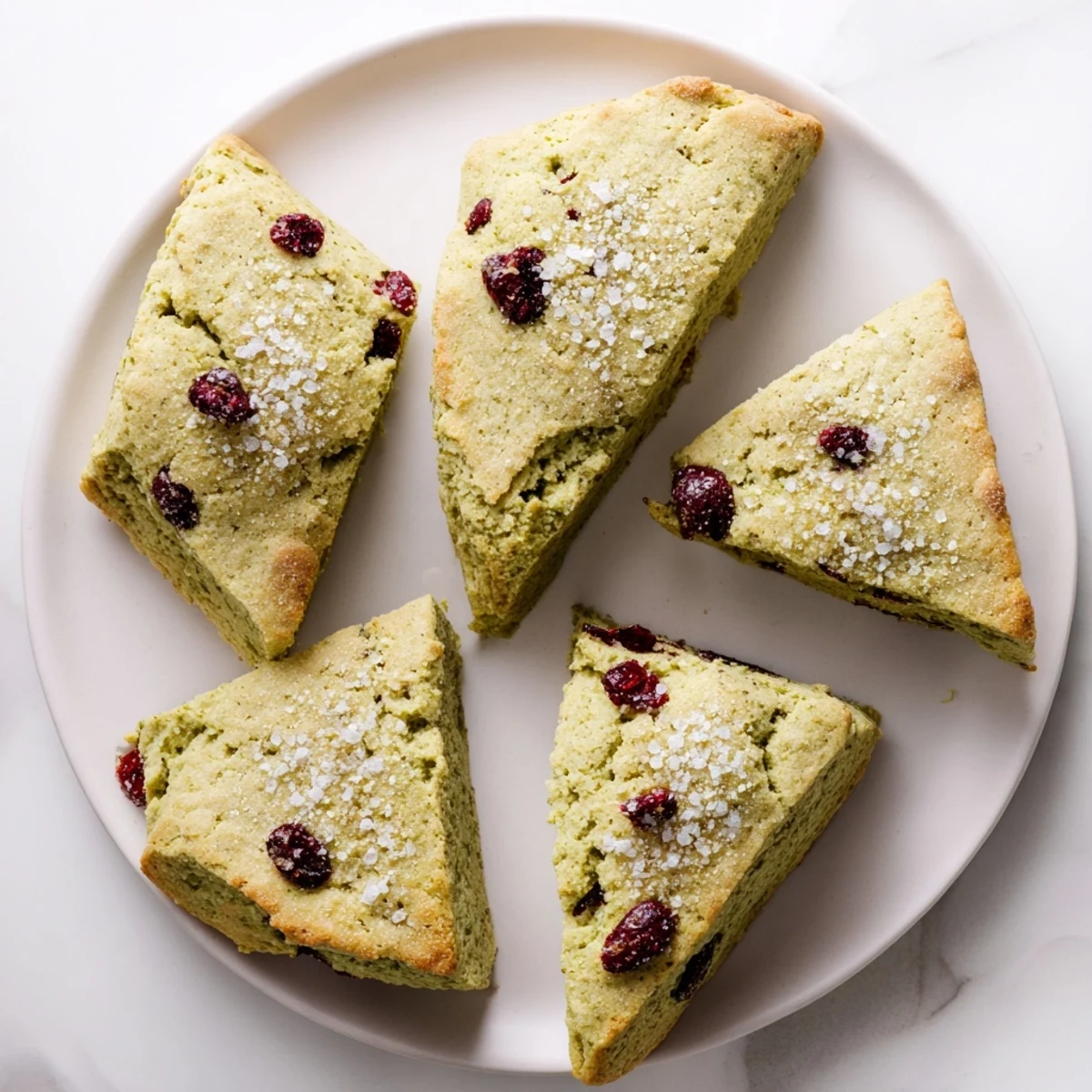 Flaky triangular matcha cranberry scones arranged on parchment paper with golden edges