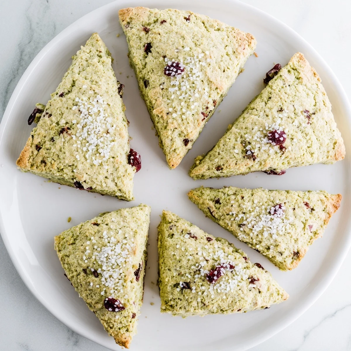 Golden matcha cranberry scones with vibrant green crumb studded with tart red berries