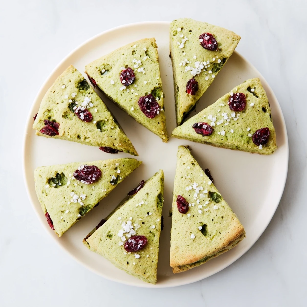 Freshly baked matcha cranberry scones brushed with milk and sprinkled with coarse sugar