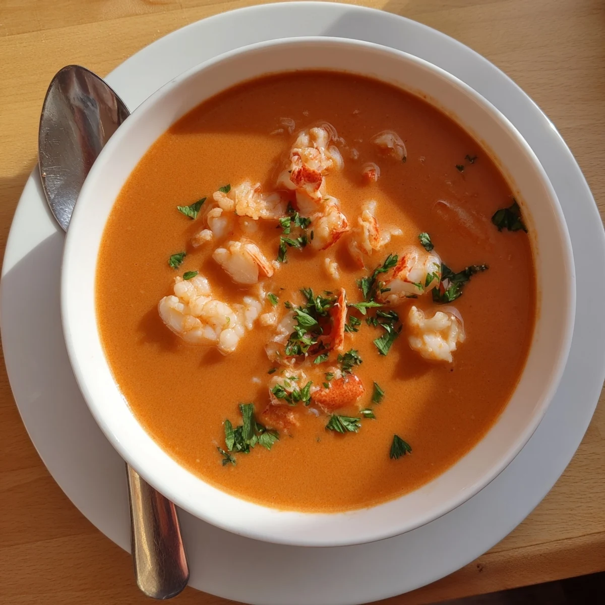 Golden seafood bisque featuring tender prawn chunks and lobster in smooth velvety broth