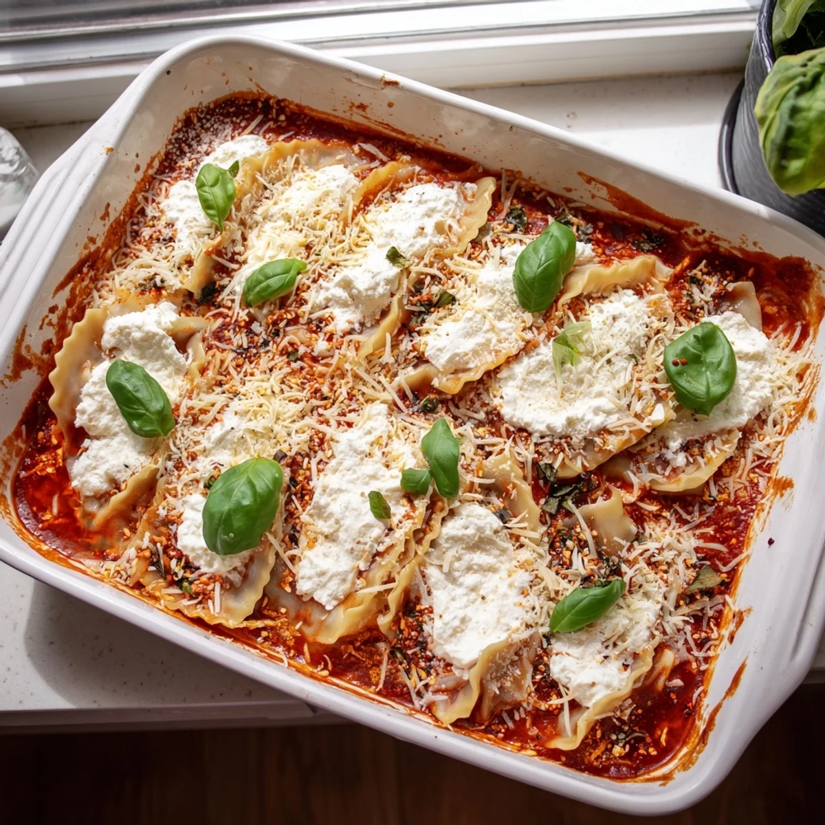 Golden cheesy dumpling lasagna fresh from the oven with bubbling mozzarella and tomato sauce layers