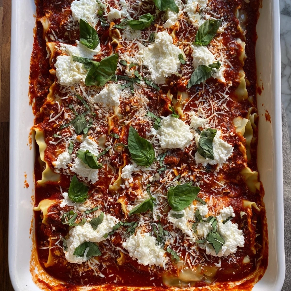 Hearty dumpling lasagna slice showing tender dumplings nestled in rich marinara with gooey melted cheese topping