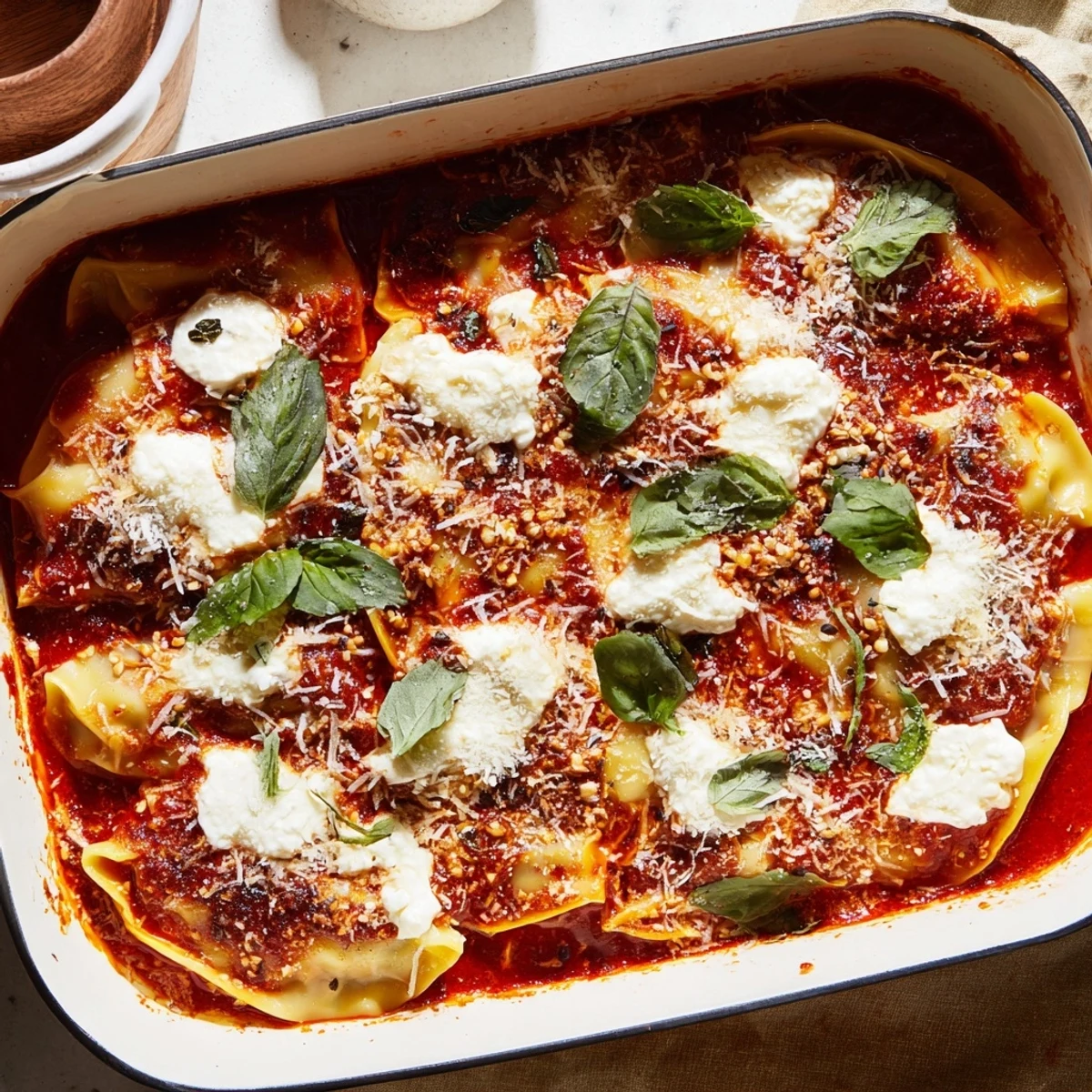 Baked dumpling lasagna casserole featuring juicy potstickers layered between ricotta and melted Parmesan cheese