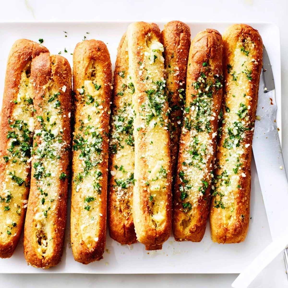 Golden keto garlic butter breadsticks topped with melted Parmesan and fresh parsley