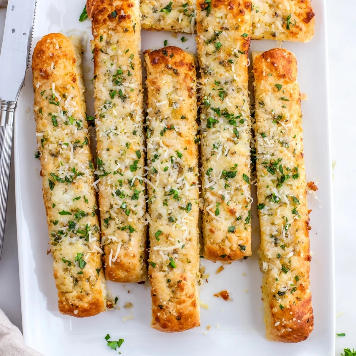 Soft low-carb breadsticks brushed with savory garlic butter and served warm on a wooden board