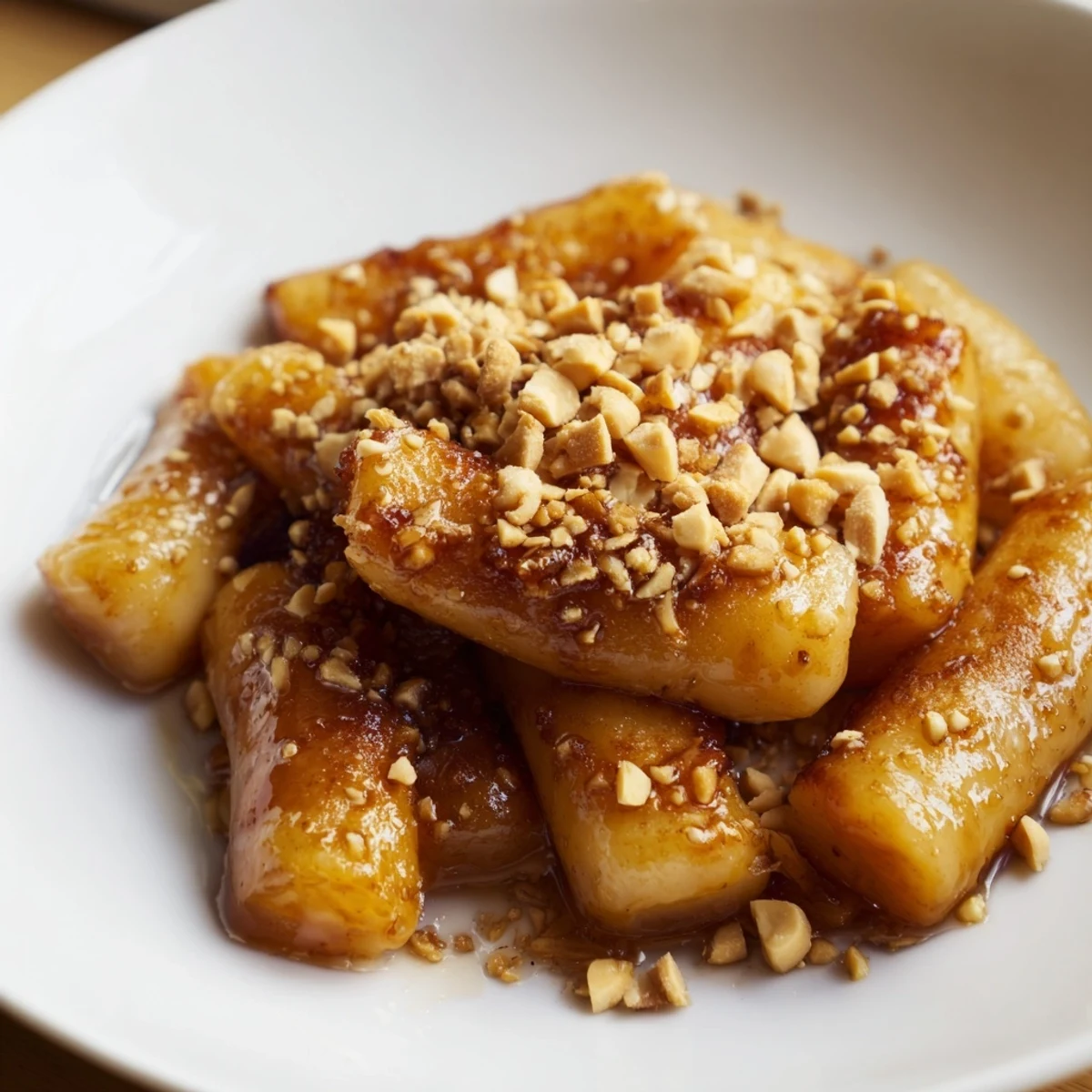 Golden Korean pan fried rice cakes coated in glossy sweet butter glaze with sesame seeds