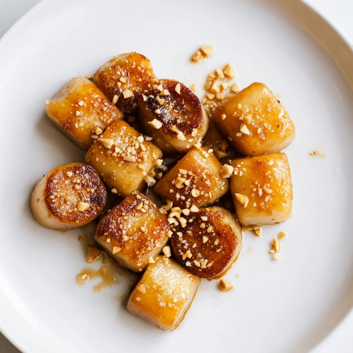 Plate of Korean rice cakes in sweet butter glaze garnished with toasted sesame seeds
