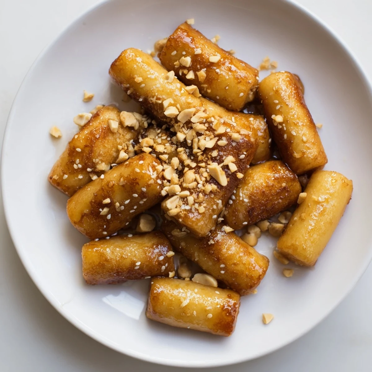Chewy tteok rice cakes pan-fried until crispy then drizzled with luscious honey butter sauce