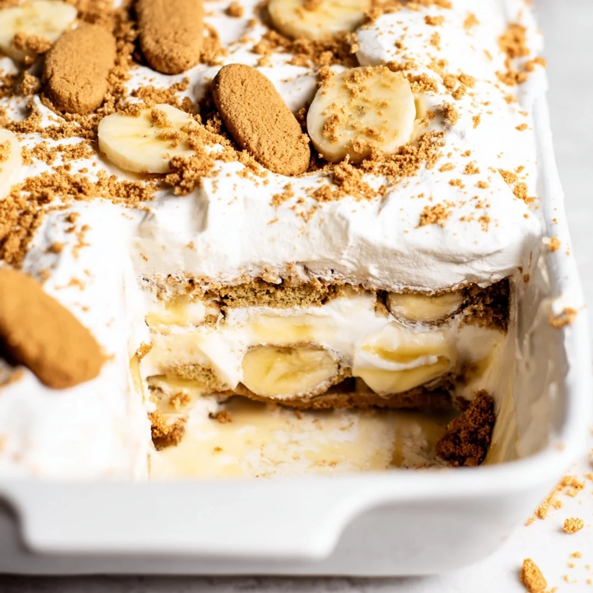 Glass trifle dish showcasing Biscoff banana pudding with layers of creamy vanilla custard, fresh banana slices, and spiced caramel cookies topped with whipped cream