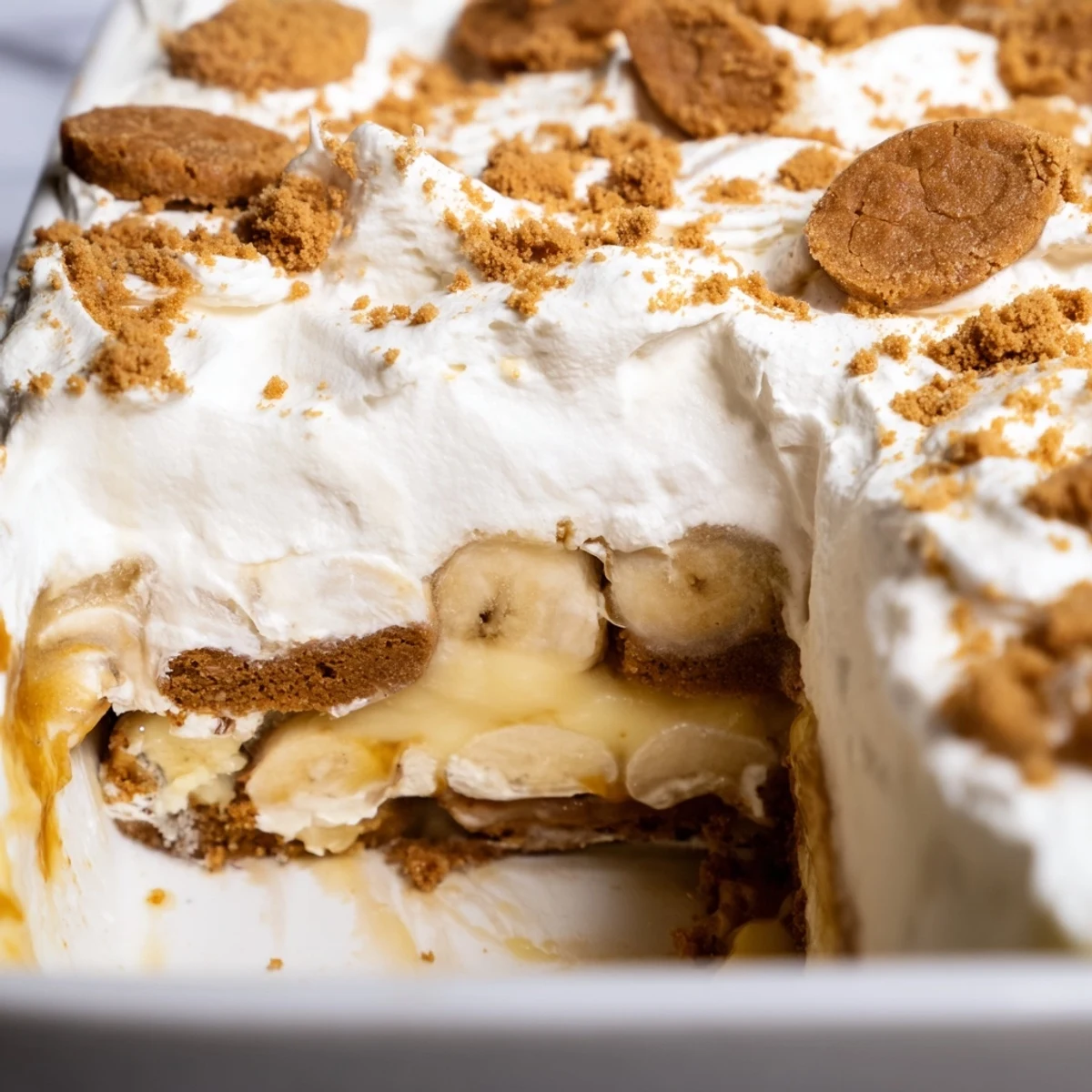 Close-up view of chilled Biscoff banana pudding dessert featuring alternating layers of smooth vanilla pudding, ripe bananas, and crunchy Biscoff biscuit cookies