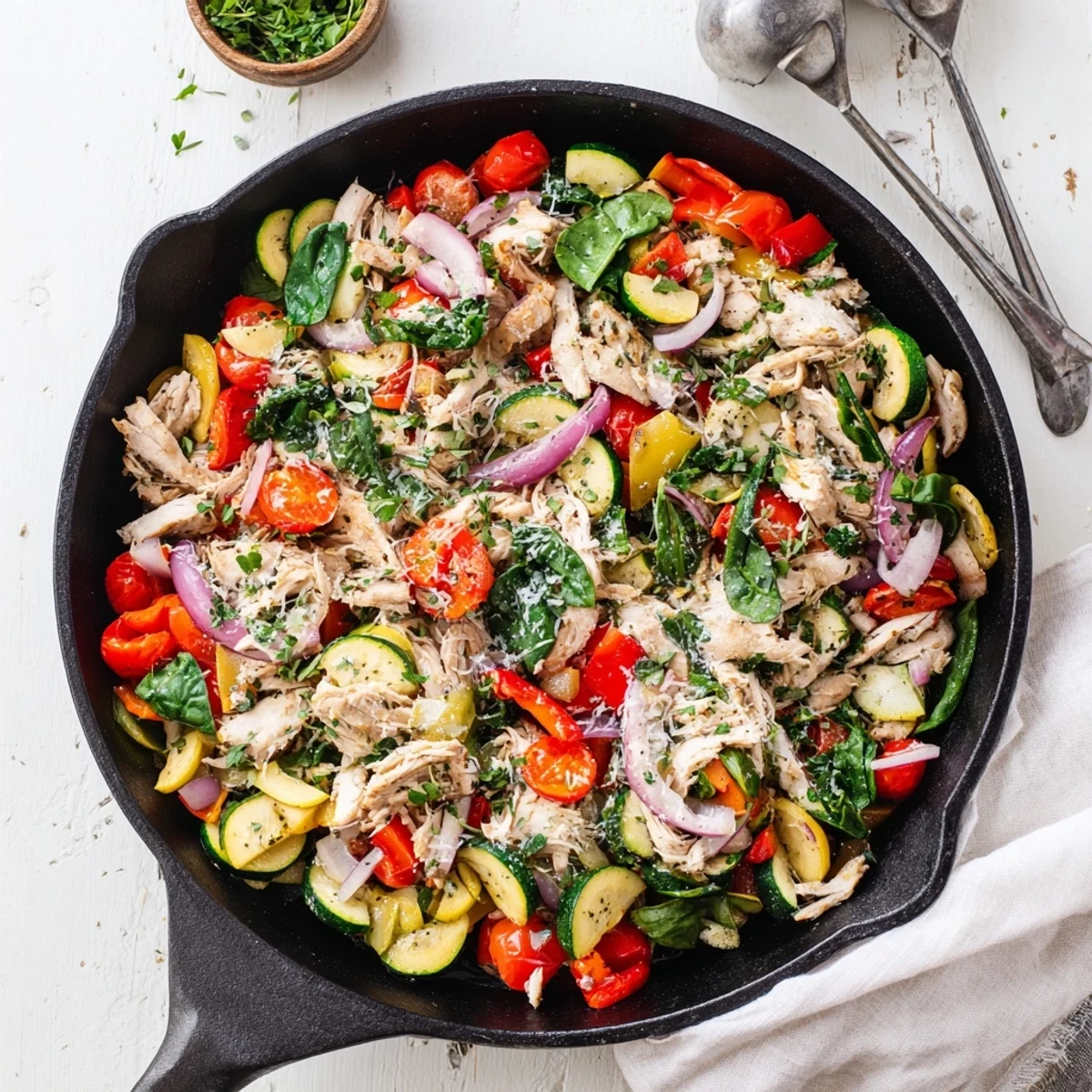 Golden rotisserie chicken and vegetable skillet sizzling with colorful bell peppers and zucchini