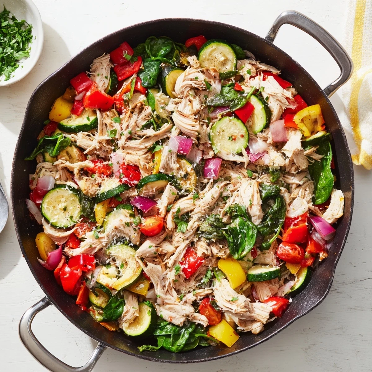 One-pan rotisserie chicken and vegetable skillet featuring wilted spinach and juicy cherry tomatoes