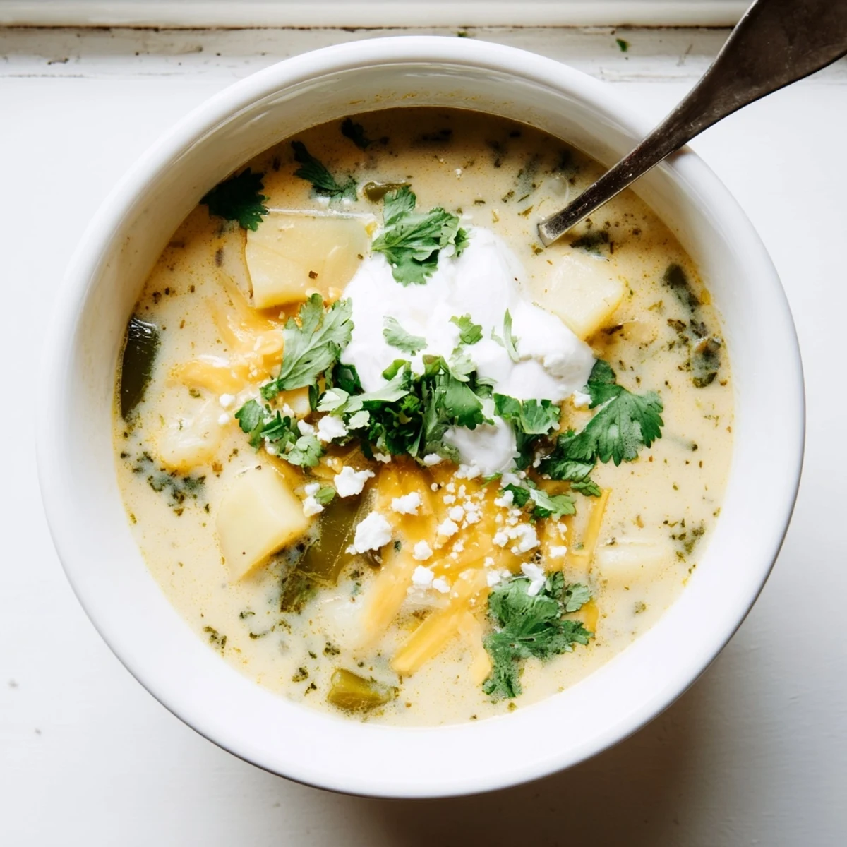 Creamy Chile Relleno Soup featuring roasted poblano peppers and melted Monterey Jack cheese in a rich broth