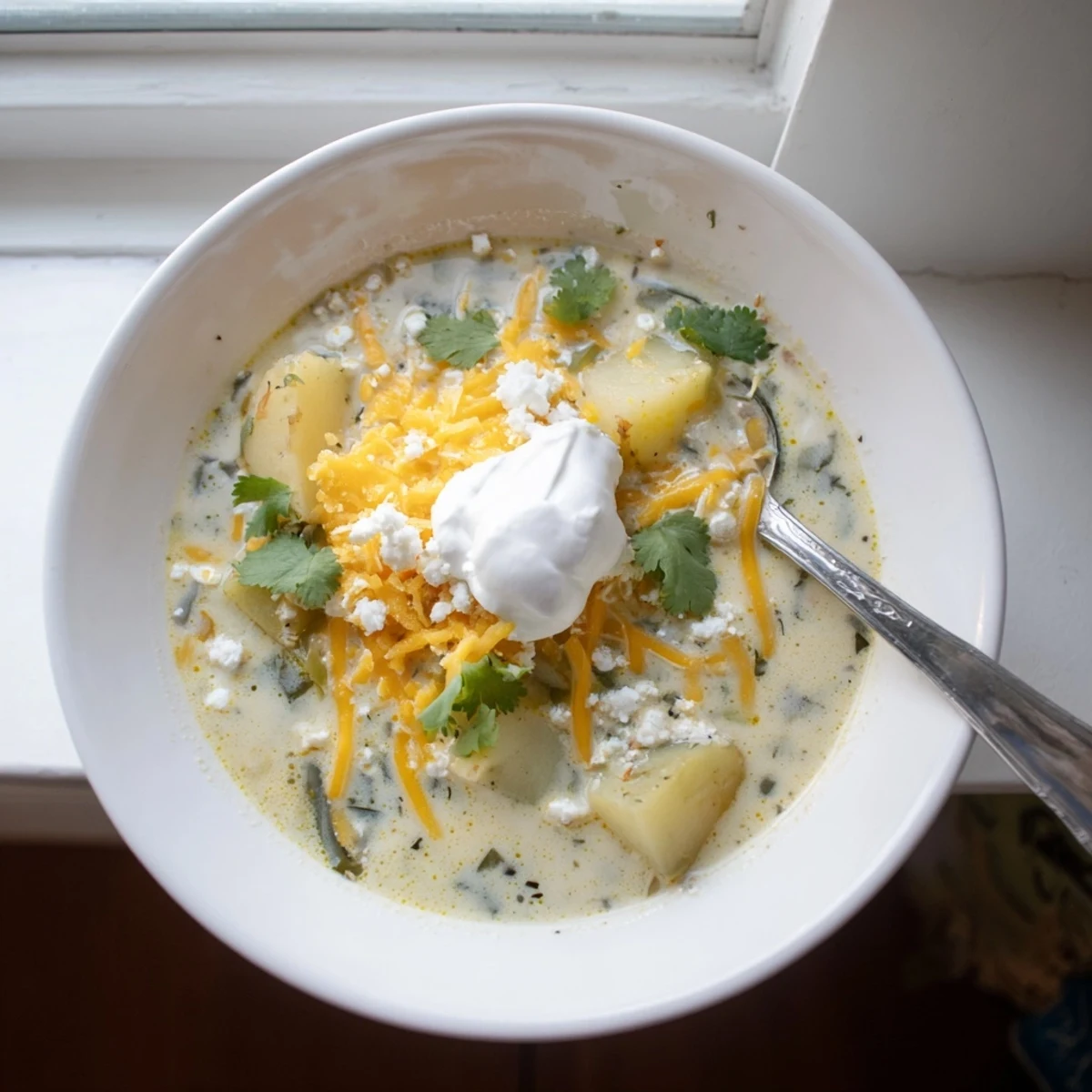 Bowl of Chile Relleno Soup topped with fresh cilantro and crumbled queso fresco garnish