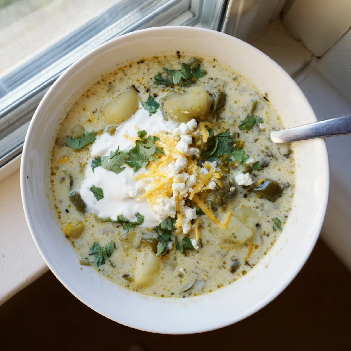 Golden Chile Relleno Soup with tender potato pieces and shredded cheddar cheese blended throughout