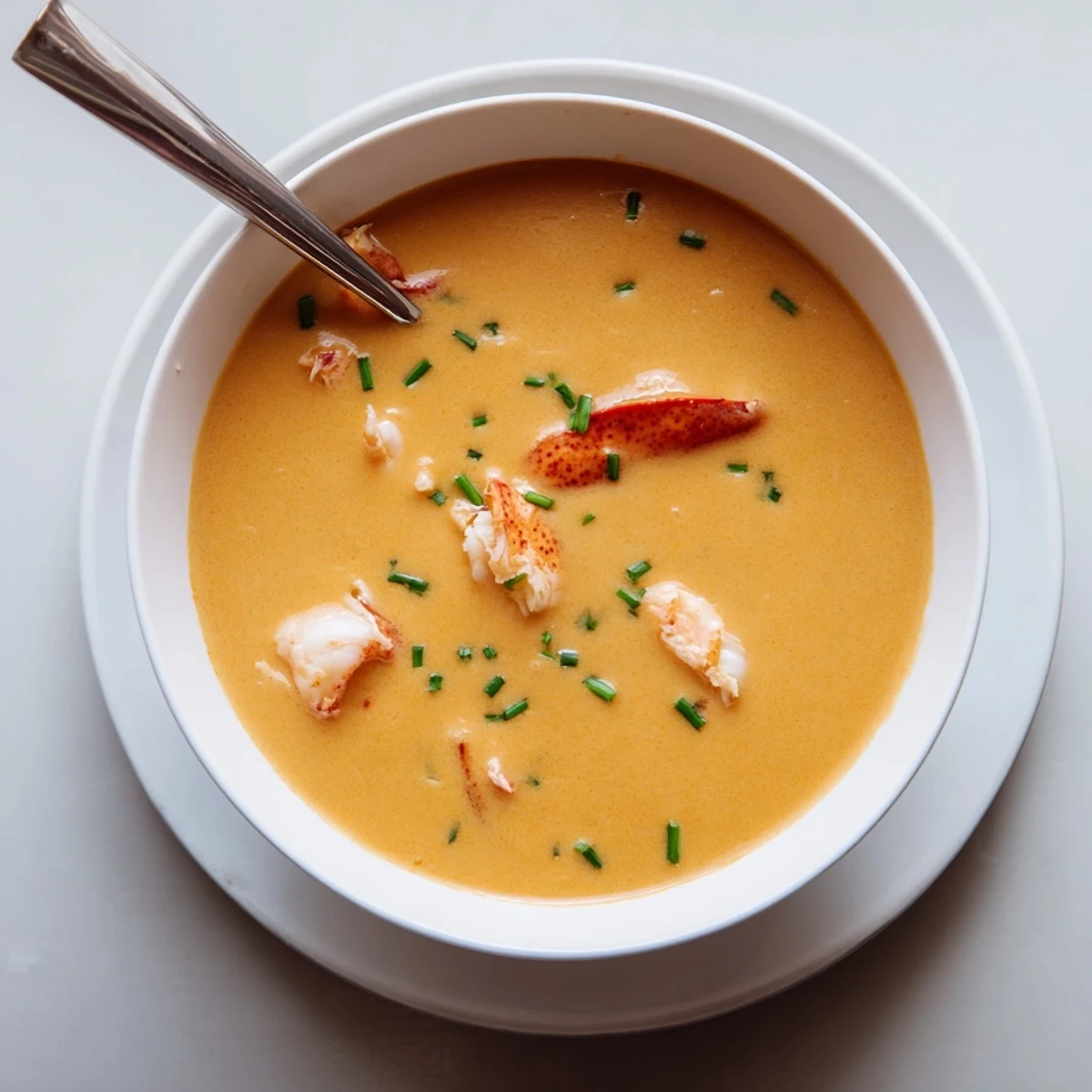 Creamy lobster bisque served in white bowls with fresh chive garnish and crusty bread