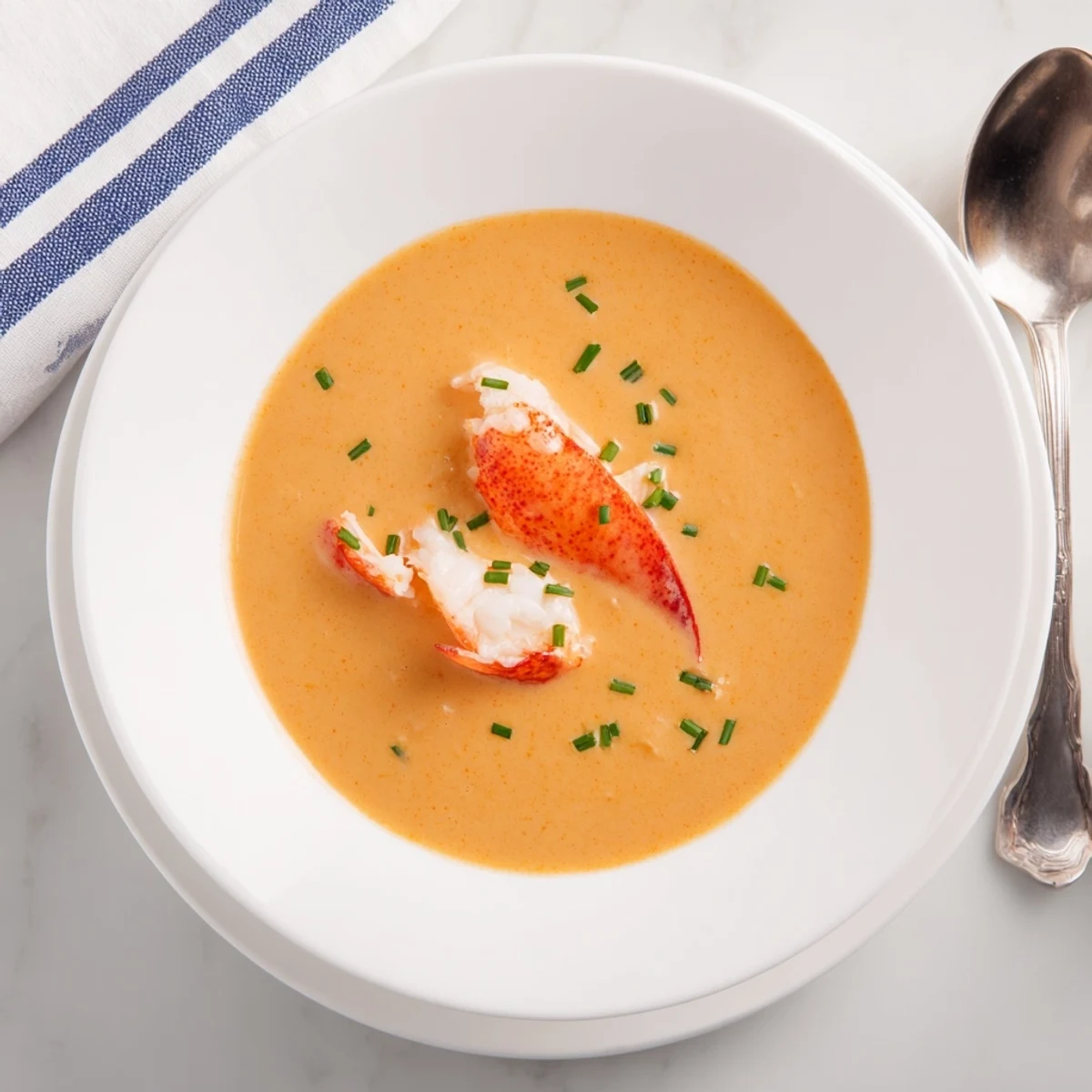 Rustic lobster bisque featuring tender chunks of lobster meat in a rich smooth red-hued broth