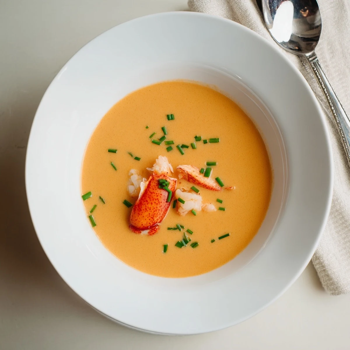 Elegant homemade lobster bisque ladled into bowls topped with chopped green chives and cracked pepper