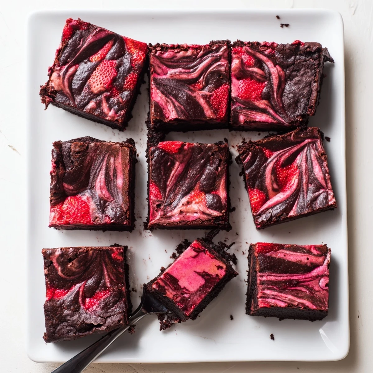 Decadent strawberry brownies featuring sweet berry puree swirled into fudgy chocolate dessert squares