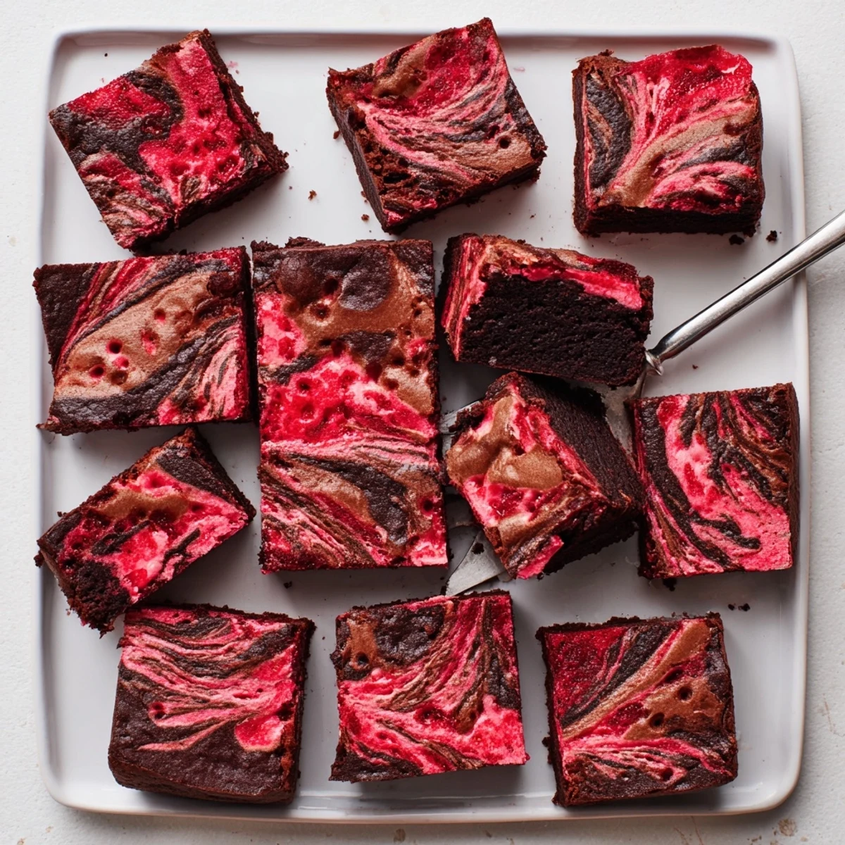 Fudgy strawberry brownies with vibrant red swirls marbled through rich chocolate layers
