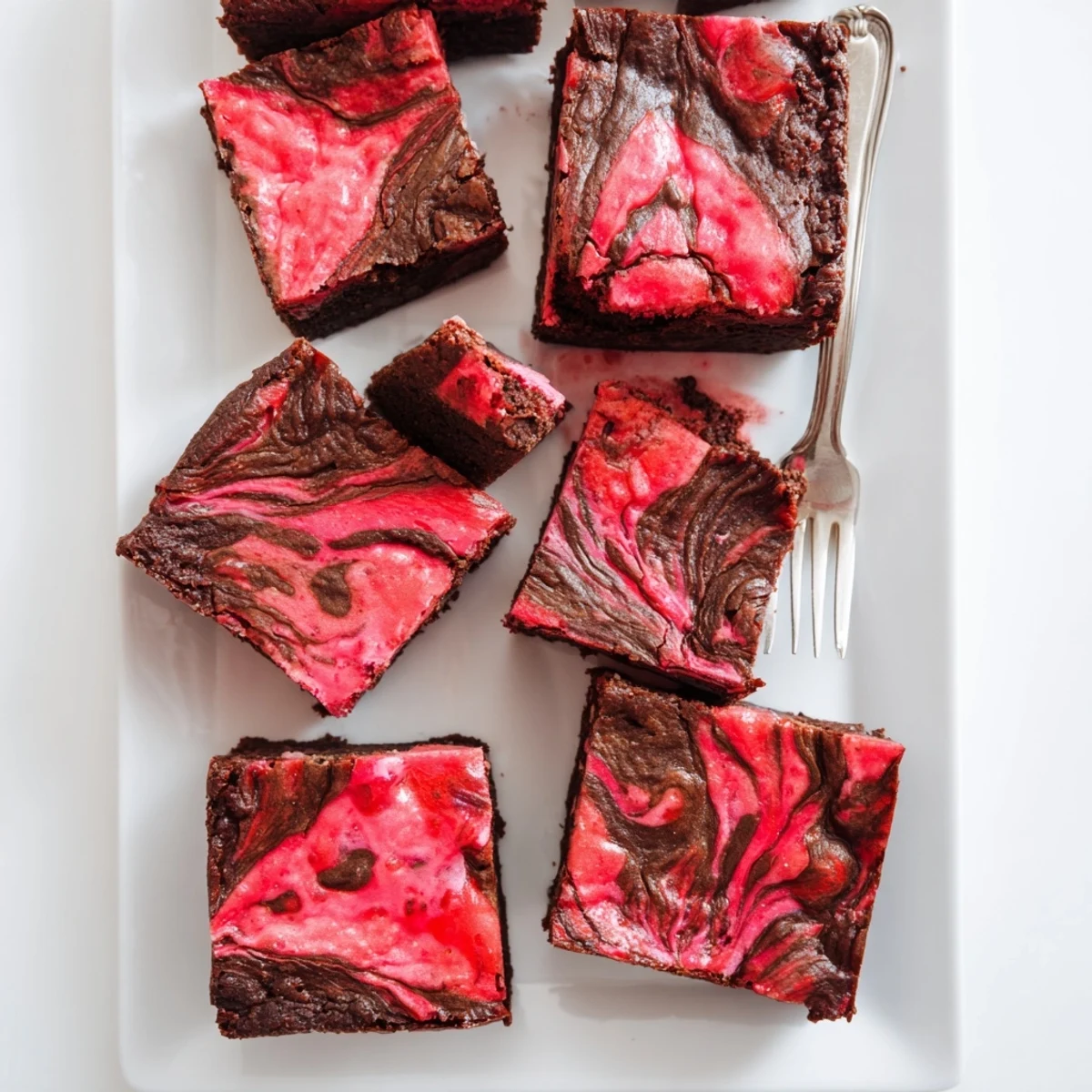 Fresh strawberry brownies cut into squares showing pink ribbons throughout the dark chocolate base